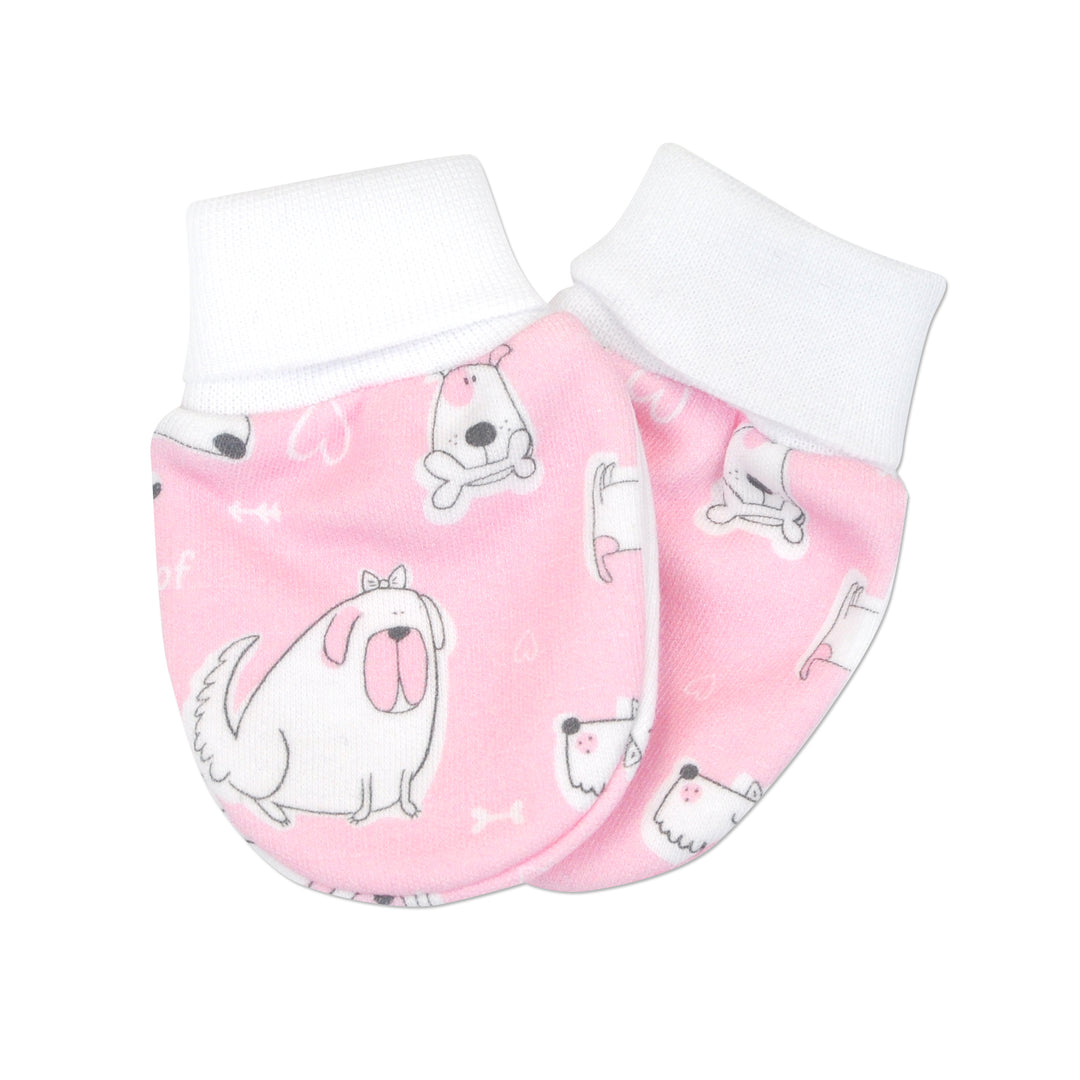 Pink Girls Preemie Mittens with adorable printed dogs