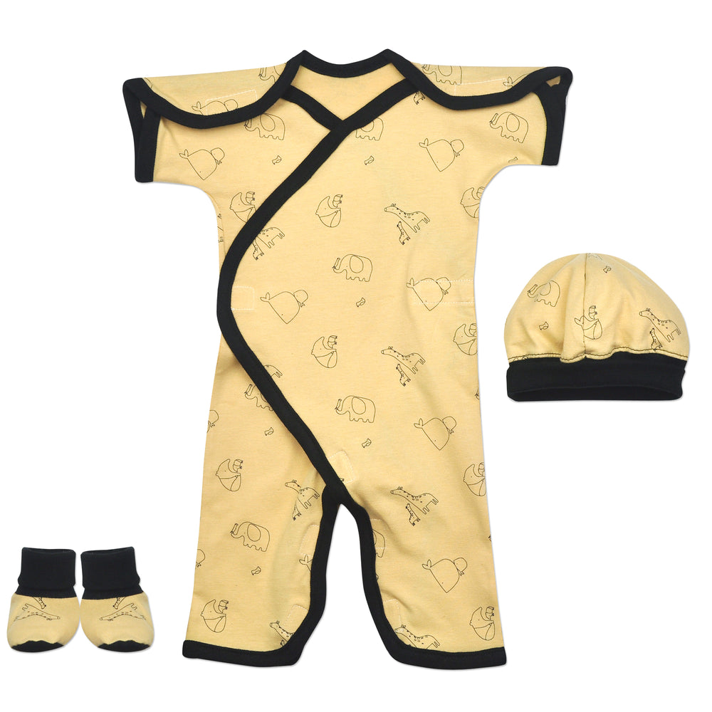 NICU Friendly Preemie Jumpsuit. Easy Lay Down and Wrap Around Style, with Great Access for All NICU Needs with Velcro Closures. Yellow and Black Animals with Matching Cap and Booties 
