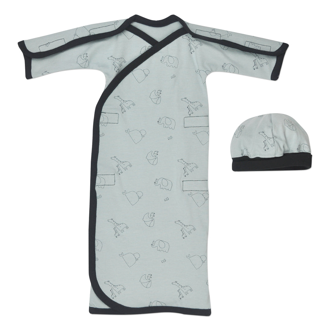 Preemie boys NICU-Friendly Gown, Easy Dressing Style, Velcro Closures, With Fold Over Bottom Making for Easy Access for Diaper Changes.  Blue animal print with matching cap