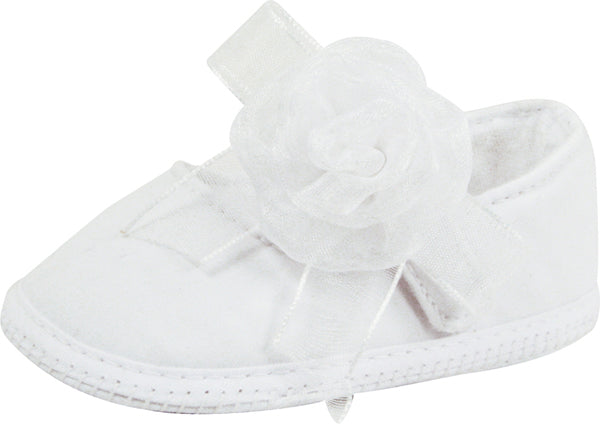White Broadcloth Skimmer with Fancy Sheer Flower and Bow and Hook & Loop Strap Preemie girl shoes