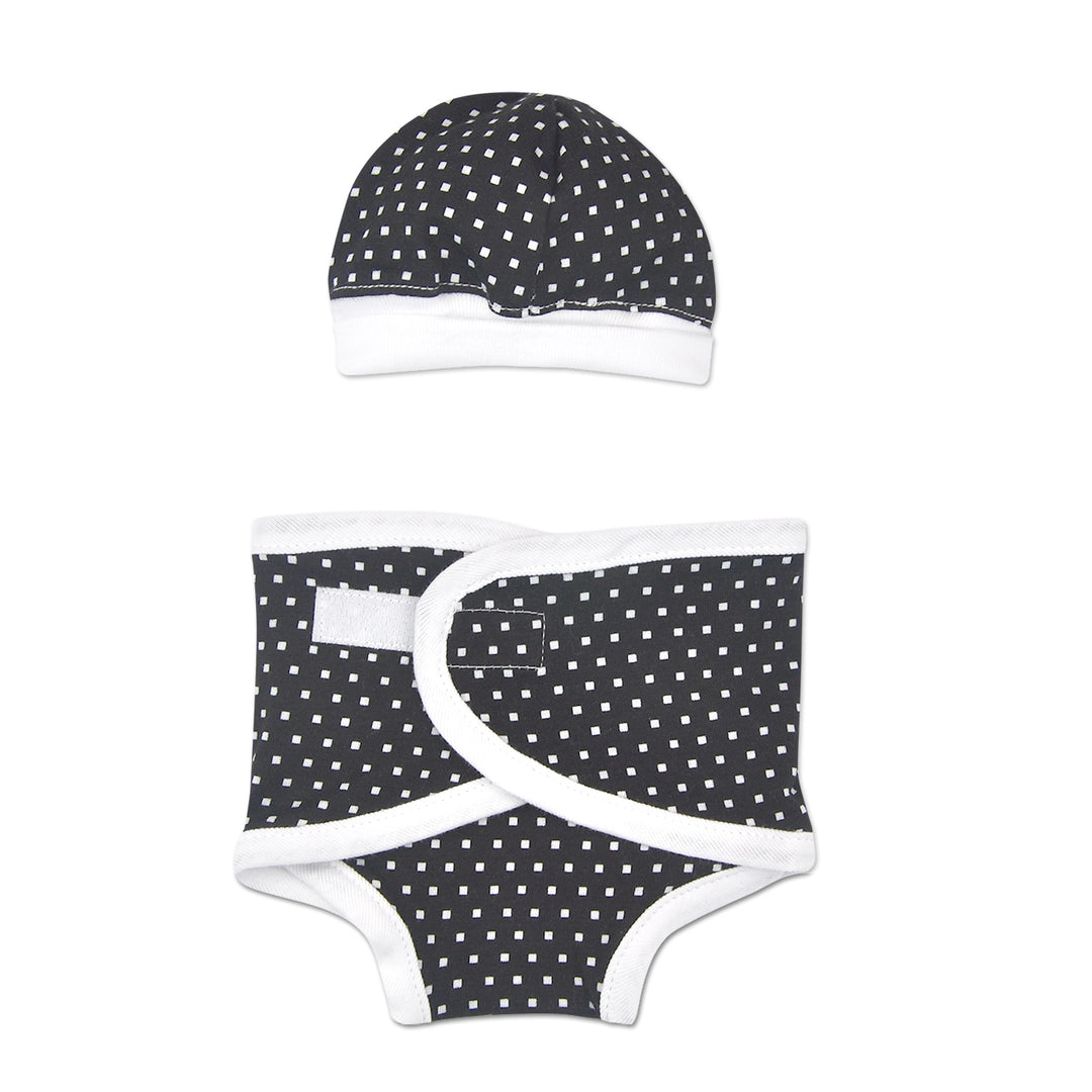 Black and white square dot preemie diaper cover and hat set