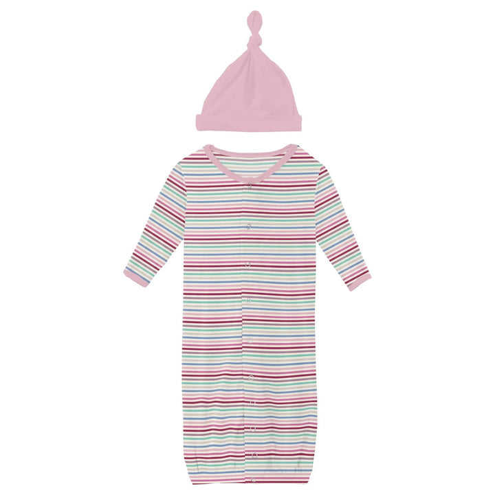Pink Stripe Print Layette Gown Converter & Knot Hat Set