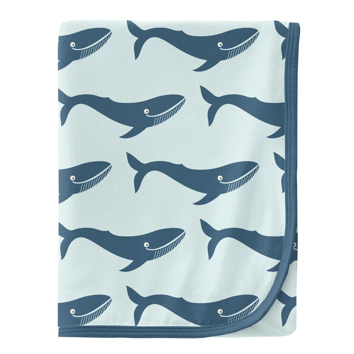 Fresh Air Blue Whale Print Swaddling Blanket & Knot Hat