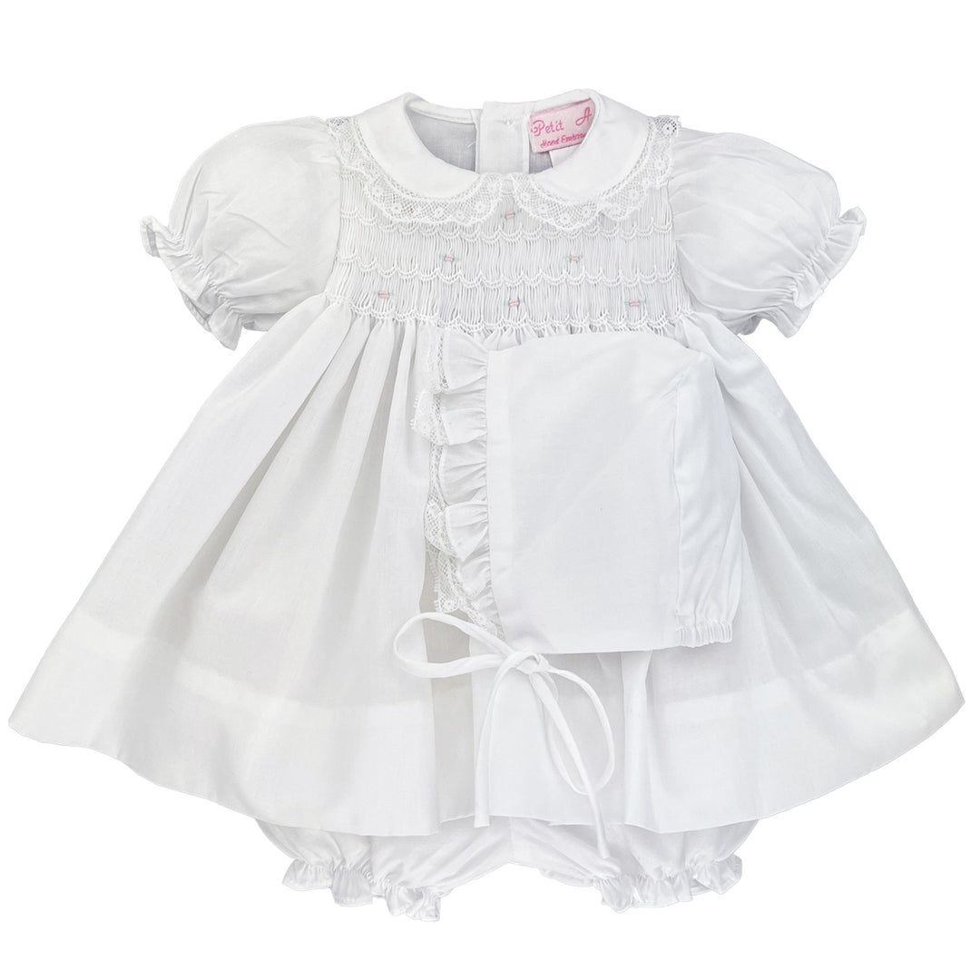White Gingham Smocked Dress & Bonnet Set