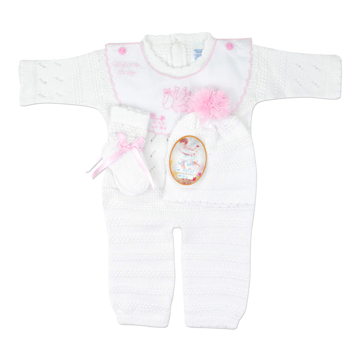 White & Pink Welcome Baby 4pc Knit Set