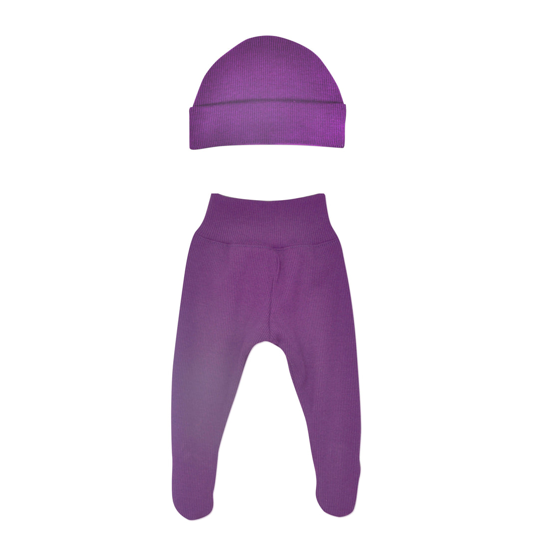 Plum Ribbed Footed Pants and Hat Set