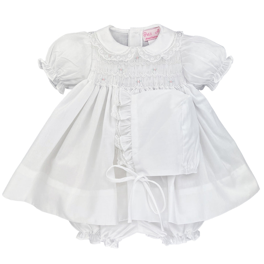 White Smocked Dress & Bonnet Set