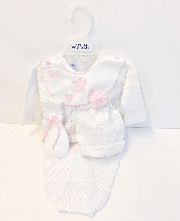 White & Pink Welcome Baby 4pc Knit Set