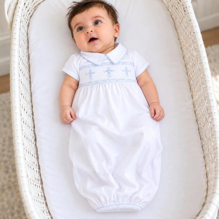 Forever Blessed Smocked White with Blue Gown