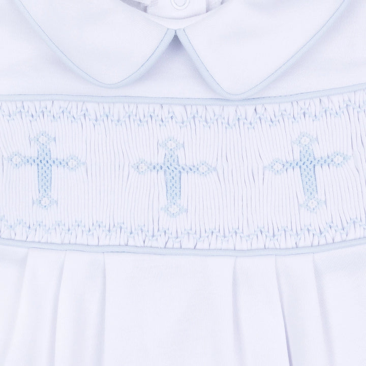 Forever Blessed Smocked White with Blue Gown