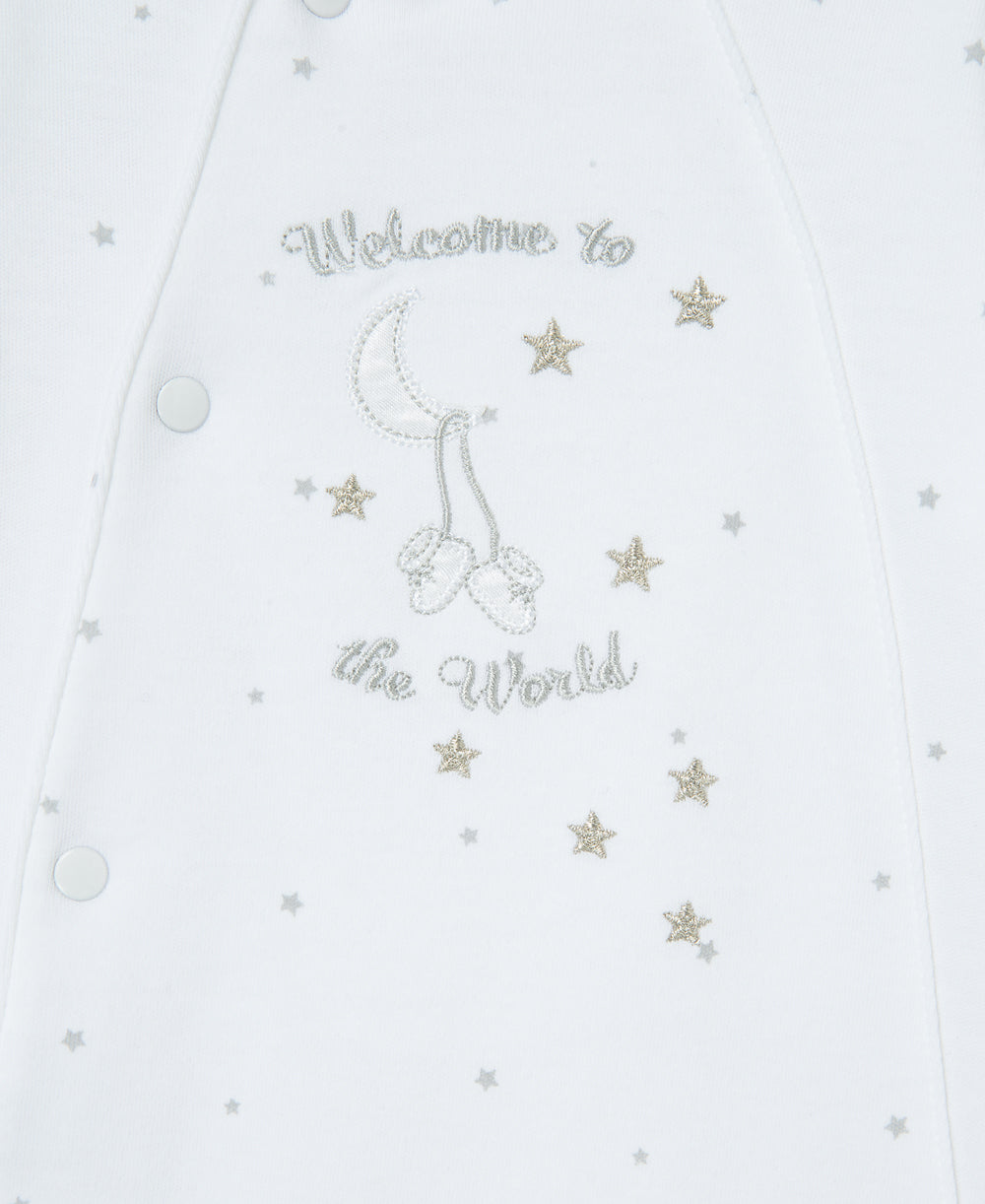 "Welcome To The World" White Snap Footie & Hat Set