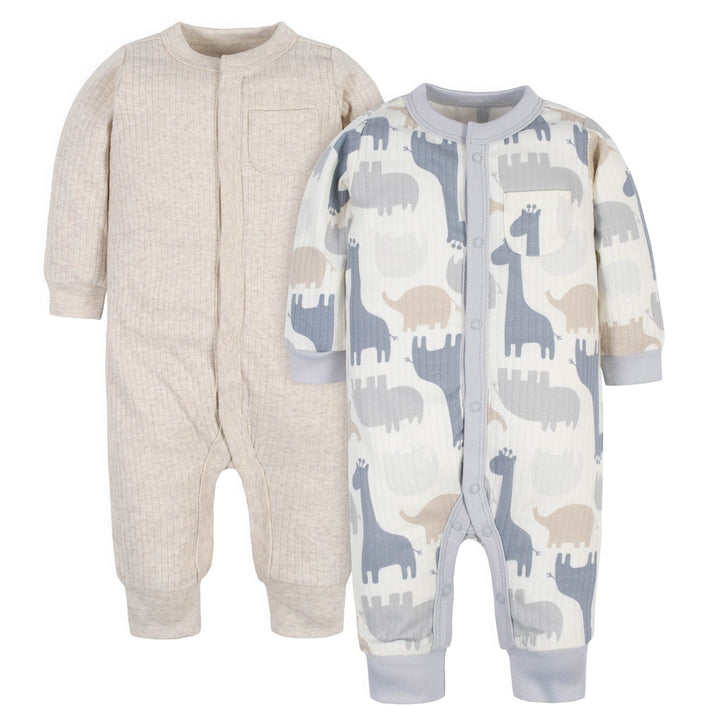 Preemie boys Gerber 2 pack coverall set. One fetures a jungle animal print the other is a solid tan color
