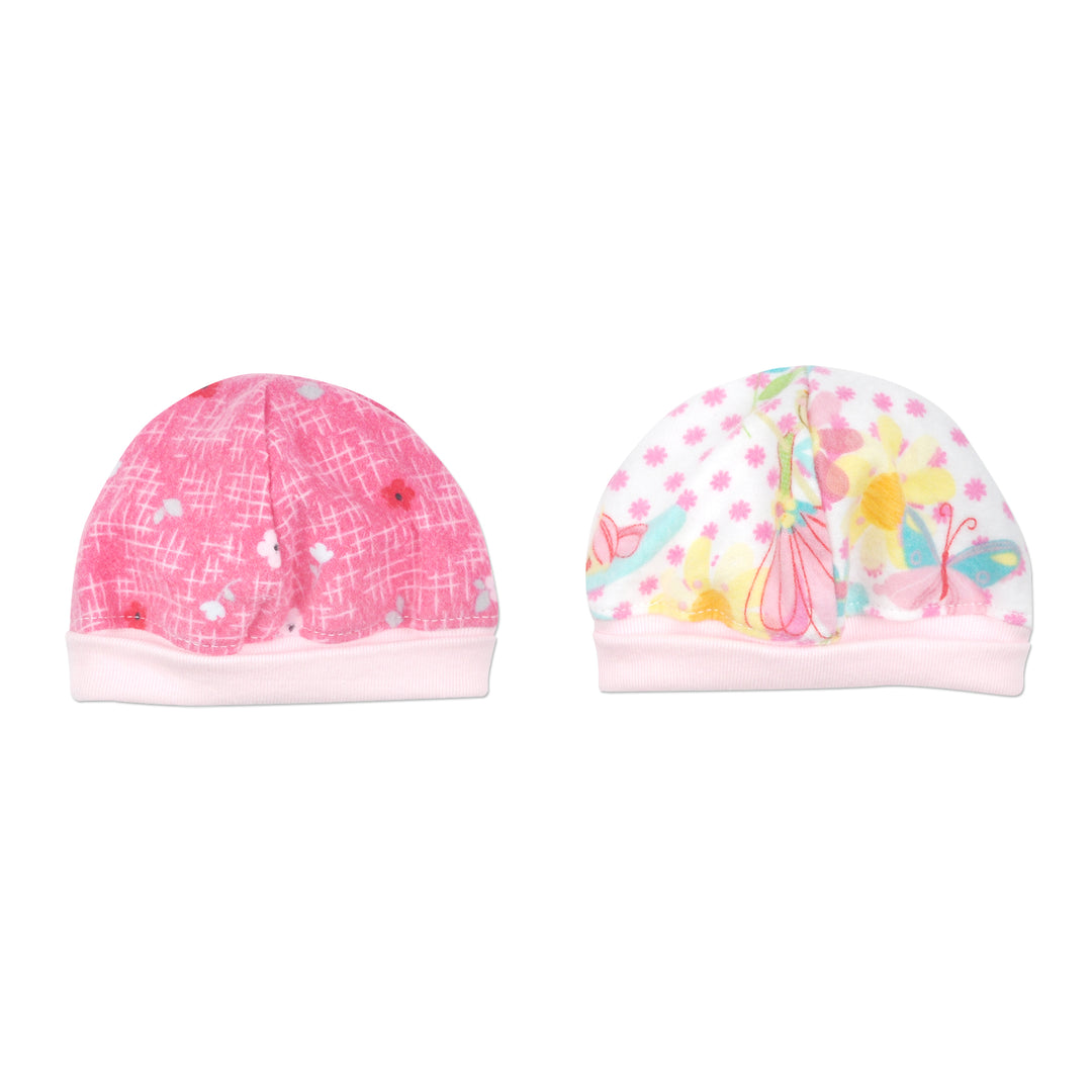 2 Pack Flannel Preemie Girl Caps. Floral and Fairy Printed