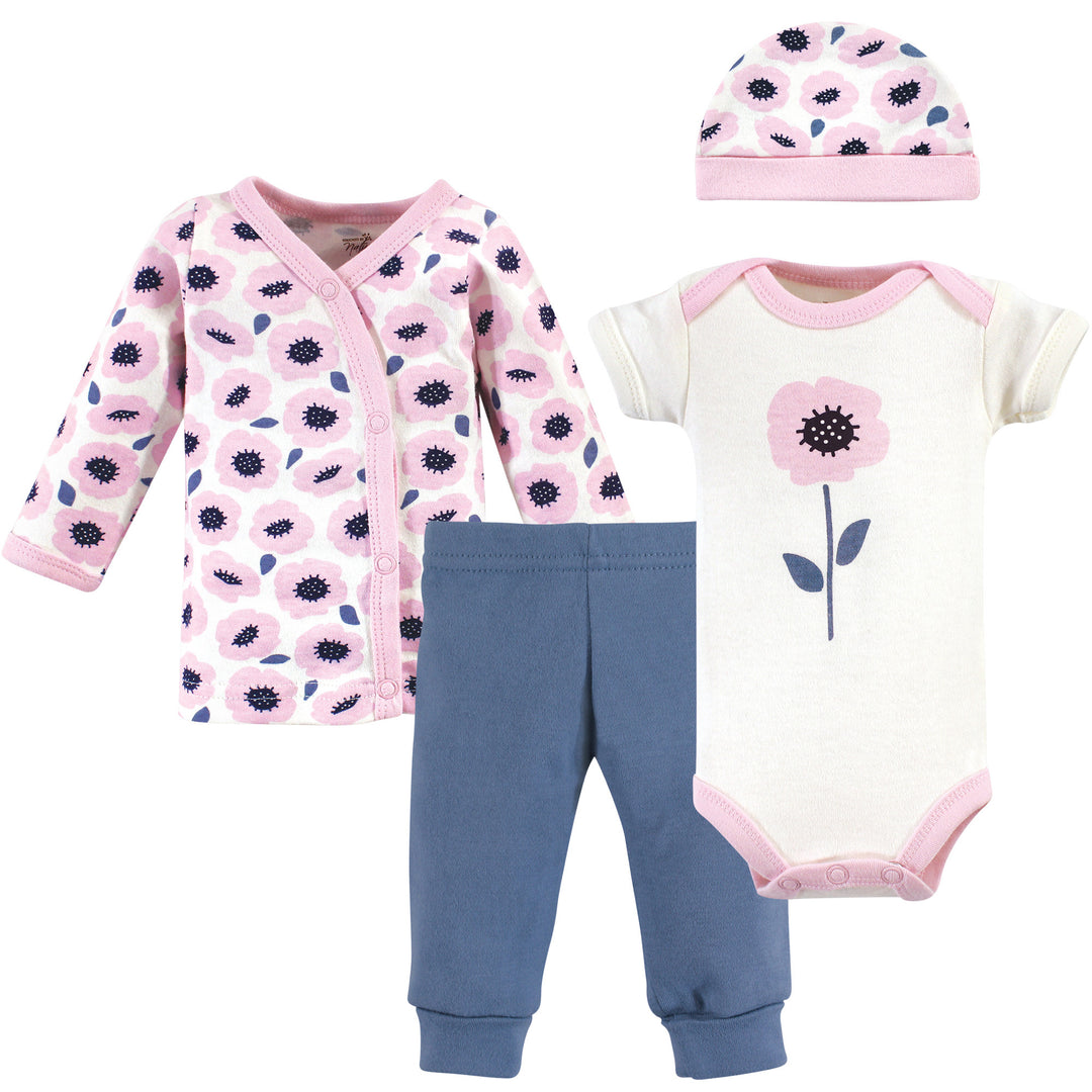 Preemie Girls Blossom 4 Piece Outfit Set. Includes Long sleeve kimono shirt, short sleeve oneside, pants, and a matching cap