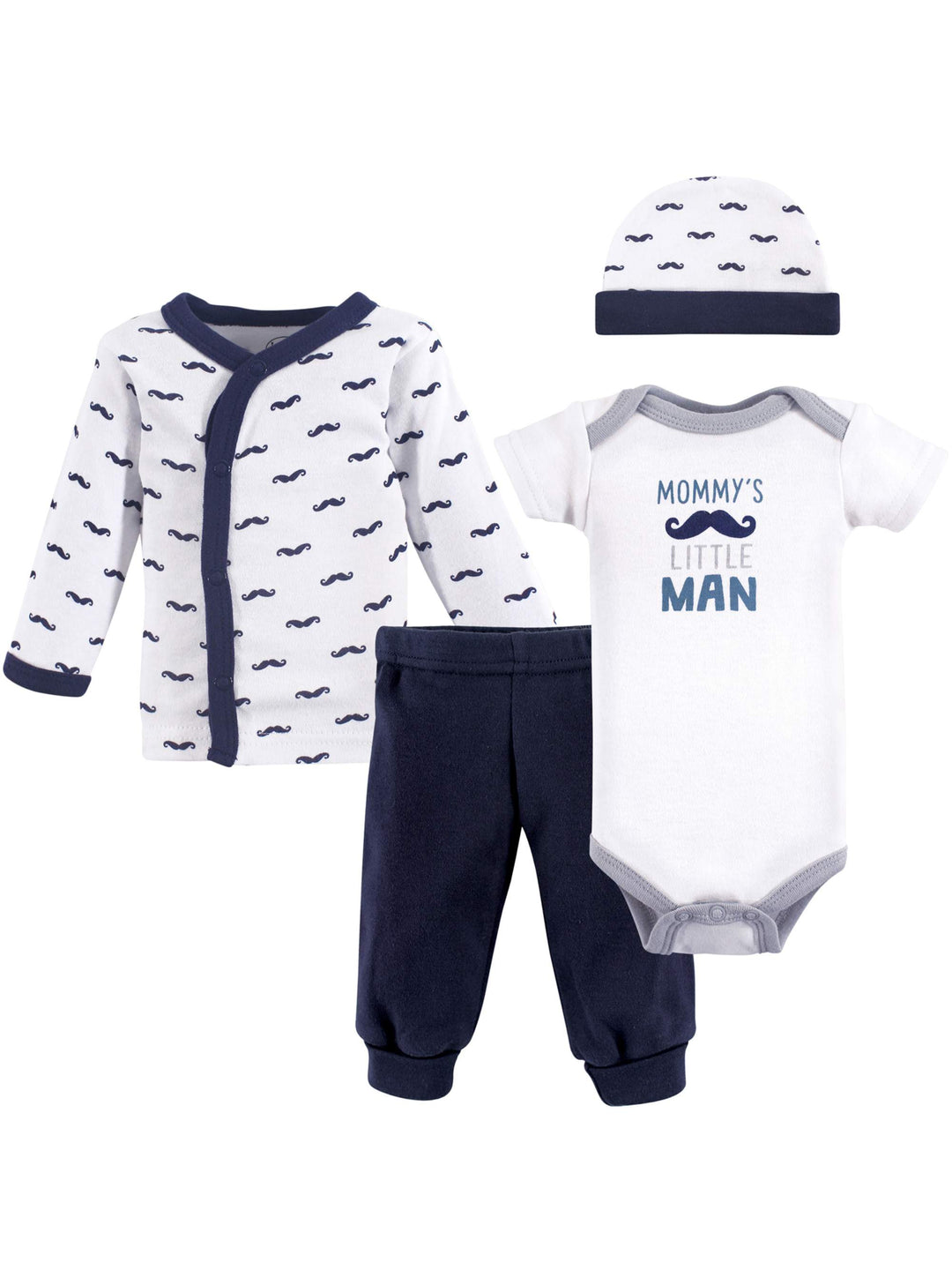 Mustache 4 Piece Preemie Boys Outfit Set. Includes Long sleeve kimono style top, short sleeve onesie, pants, and a matching cap