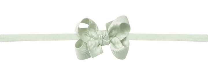 Girls Headband, sage green stretchy band with little sage green grosgrain bow