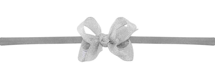 Girls Headband, silver stretchy band with little silver grosgrain bow