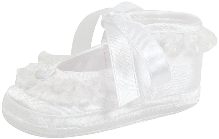 White Satin Slipper with Lace, Satin Tie, and Pearl Ornament Preemie Girl Shoes