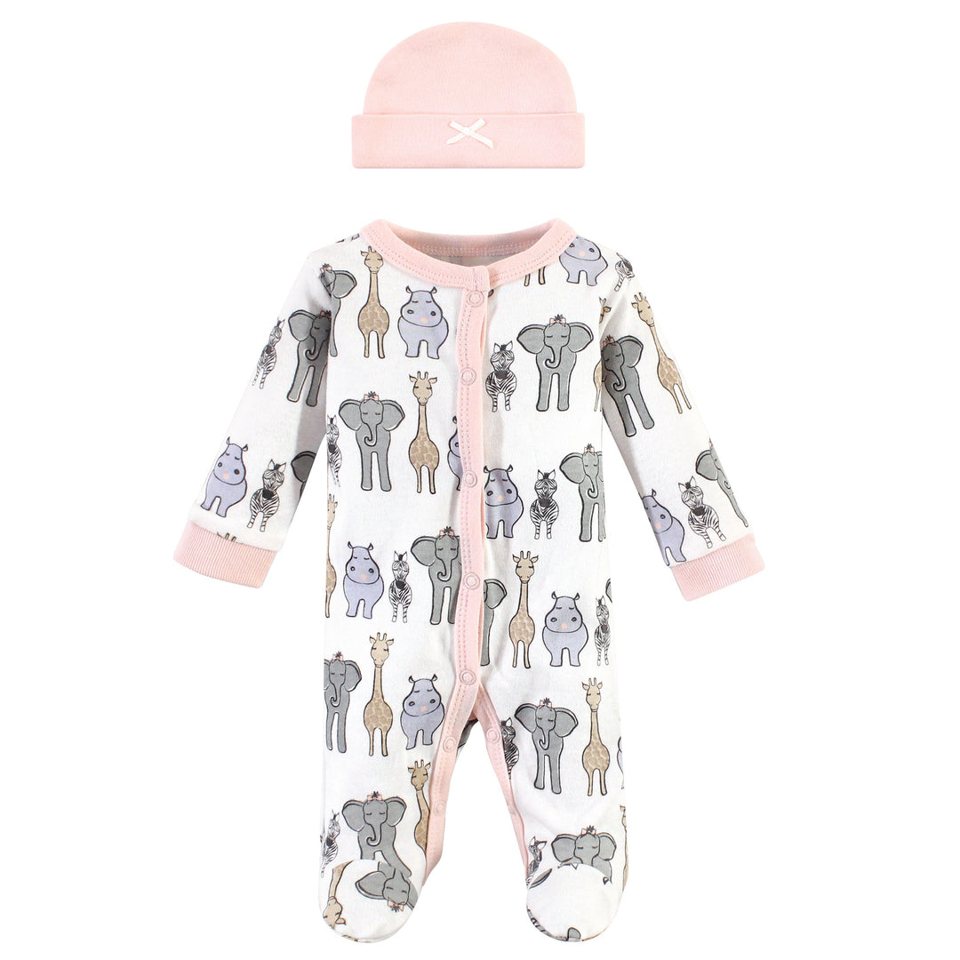 Hudson Baby sleep 'n plays are perfect for your new little preemie. Made of super-soft cotton. Snap closure down both legs allows for easy diaper changes. Pink safari print with matching pink cap