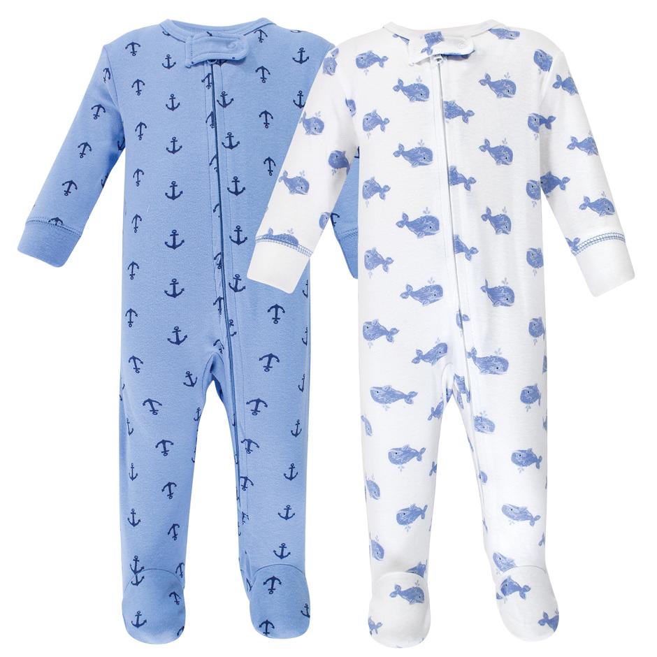 2 Pack Long Sleeve Zipper Footies. One Whale Printed and One Anchor Printed