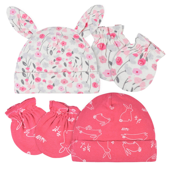 Floral and Bunnies 4 pack cap and mitten set