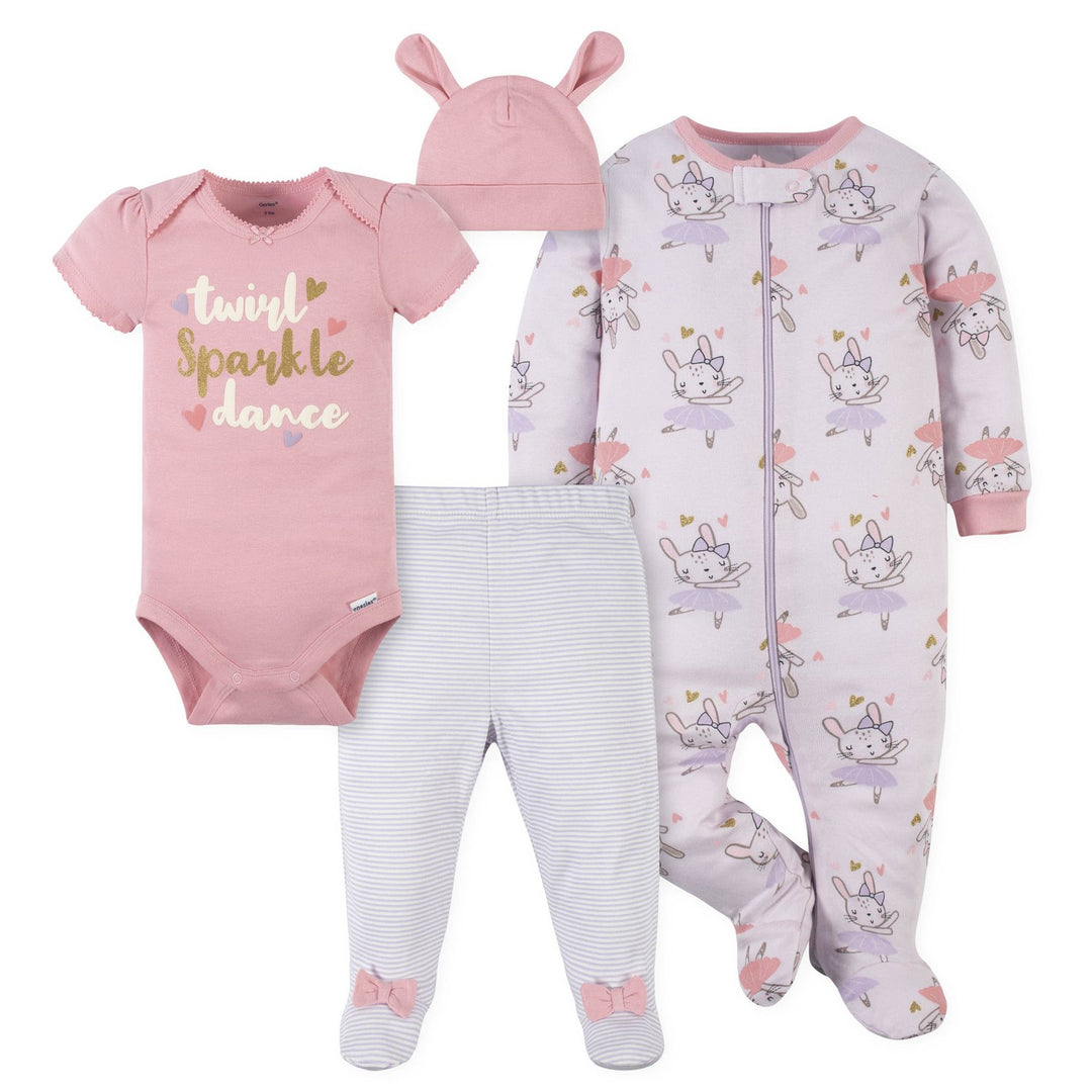 Preemie Girls Bunny Ballerina outfit set.  Includes Footie, Bodysuit, Footed Pant, and Cap Set. 