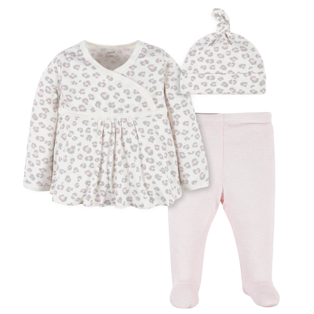 Preemie girls pink leopard shirt, pant and cap set