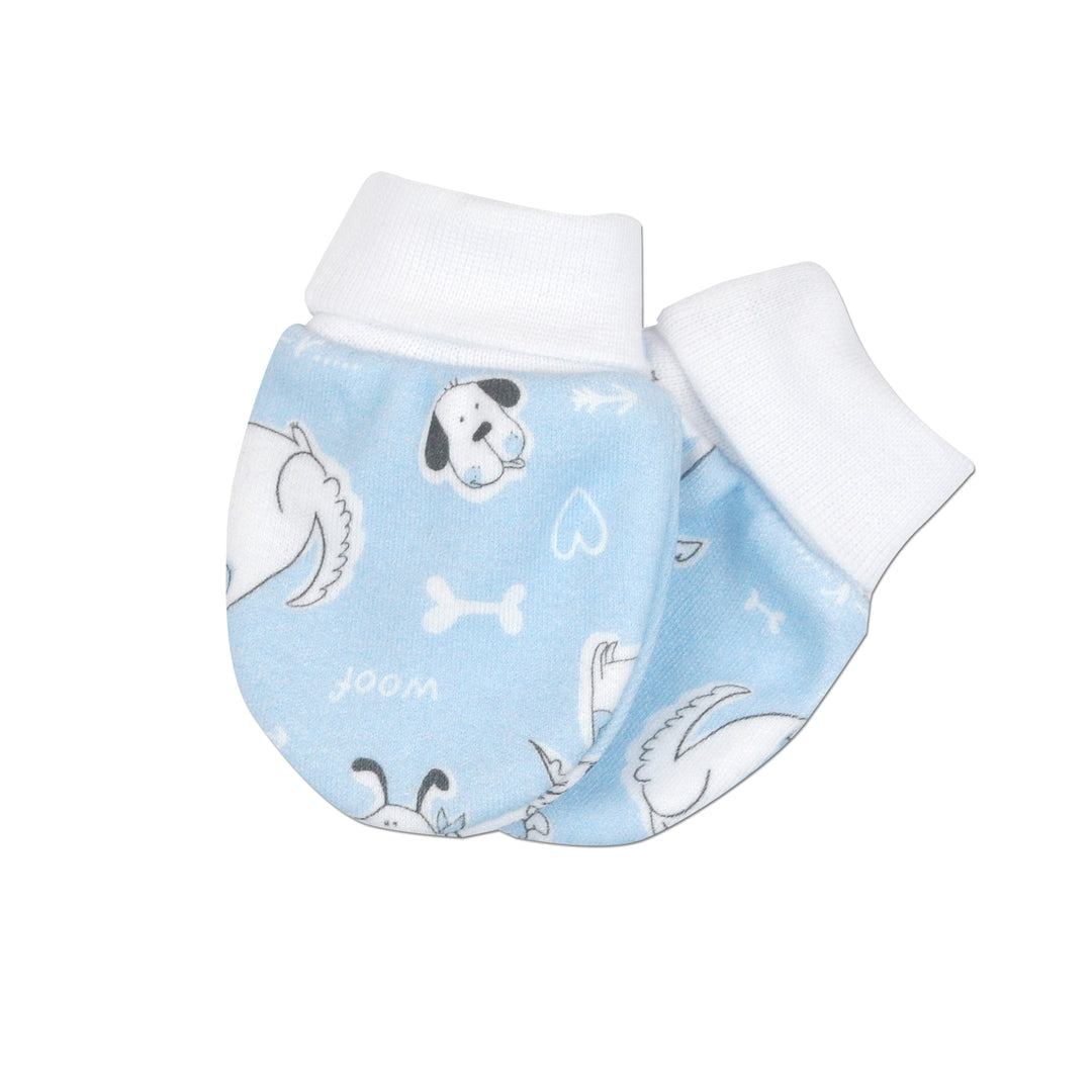 Preemie Boy Blue Mittens with white puppy graphics