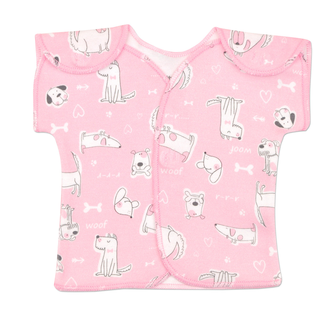 Preemie Girls NICU Friendly Shirt. Open Shoulders, Pink With Puppy Graphics 