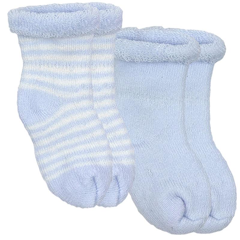 2 pack of blue Preemie boy socks. One set solid blue, one set blue and white striped