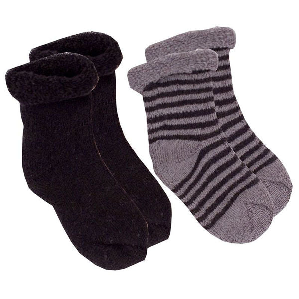2 pack of black Preemie socks. One set solid black, one set black and gray striped