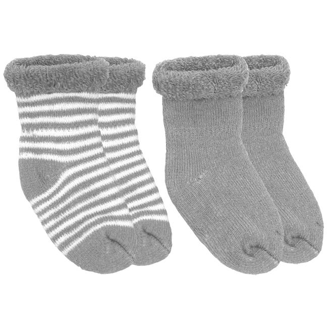 2 pack of gray Preemie socks. One set solid gray, one set gray and white striped
