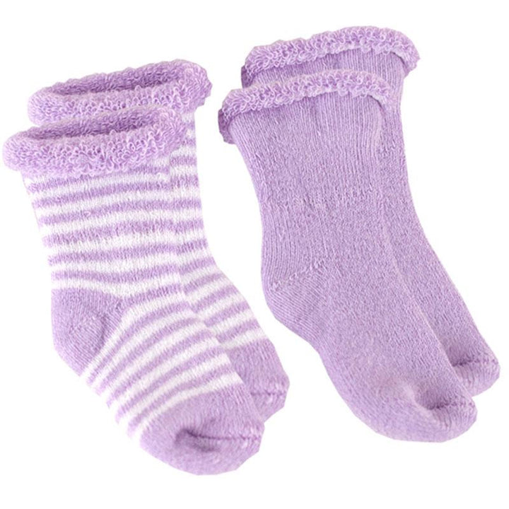2 pack of purple Preemie girl socks. One set solid purple, one set purple and white striped