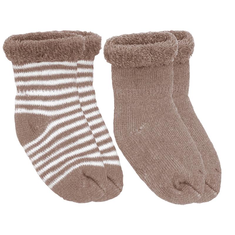 2 pack of brown Preemie socks. One set solid brown, one set brown and white striped
