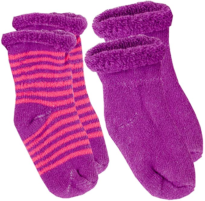 2 pack of purple and fuchsia Preemie girl socks. One set solid purple, one set fuchsia and purple striped  