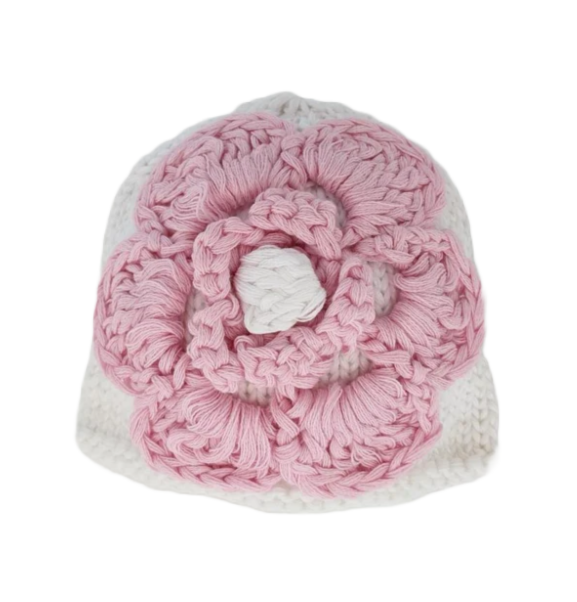 White with Pink Flower Beanie Hat