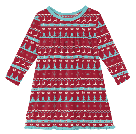Nordic Print Long Sleeve Swing Dress-Outlet