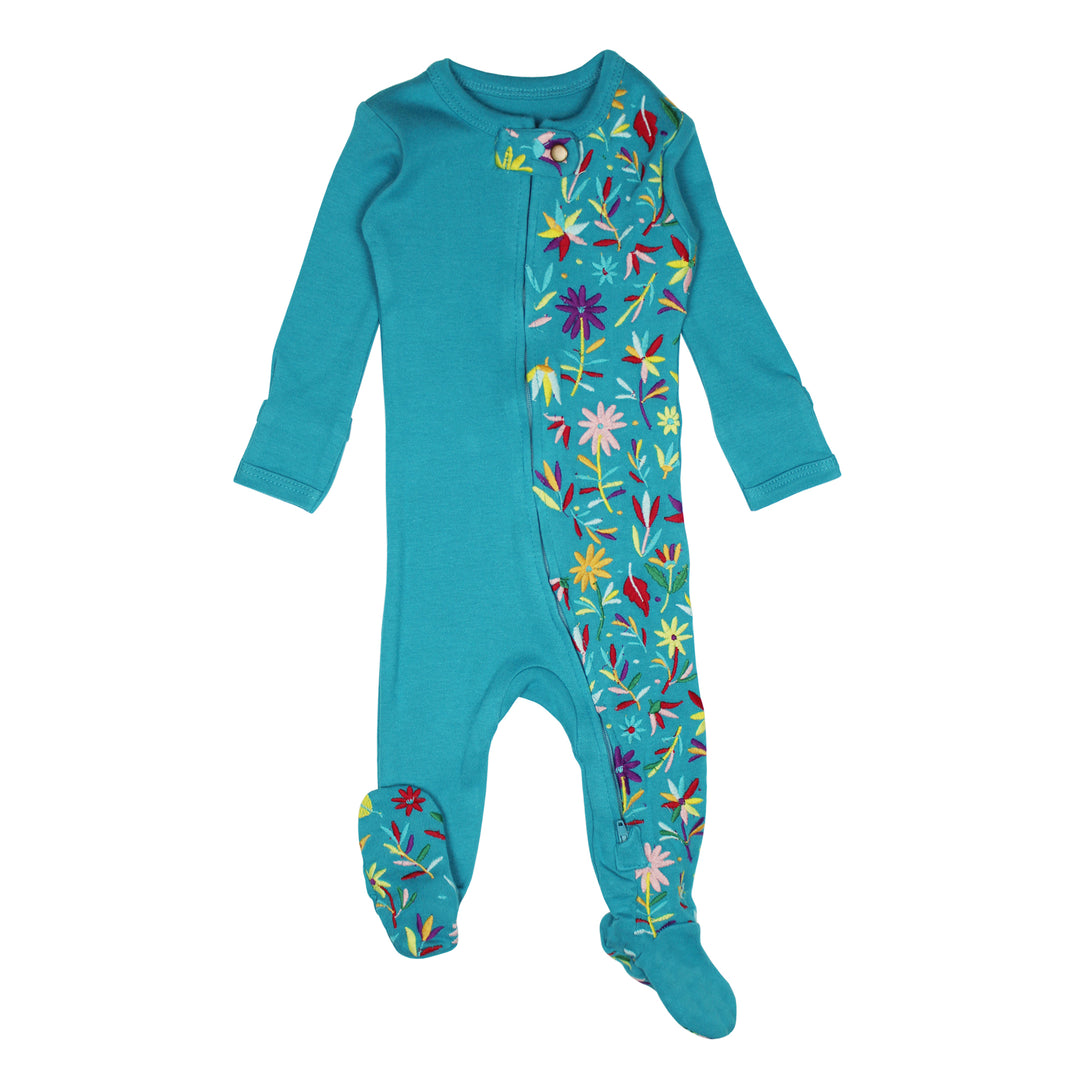 Teal Floral Embroidered 1-Way Zipper Baby Footie