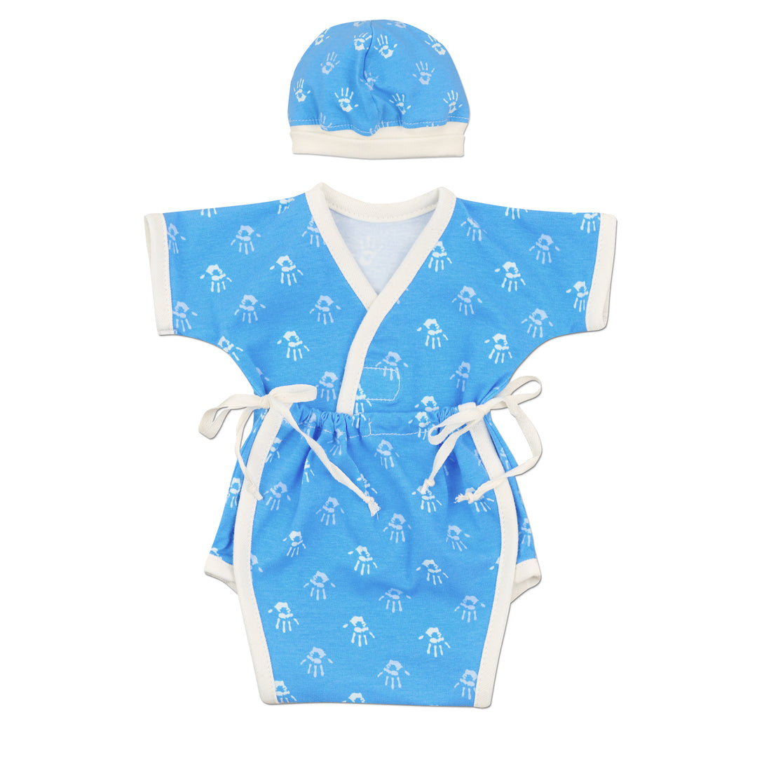 Preemie Boy’s, Sweet-Tee Bodysuit. Featuring adjustable Velcro closure in front & adjustable side ties, Excellent NICU access for any needs. Blue and Ivory Handprint design, matching hat included.