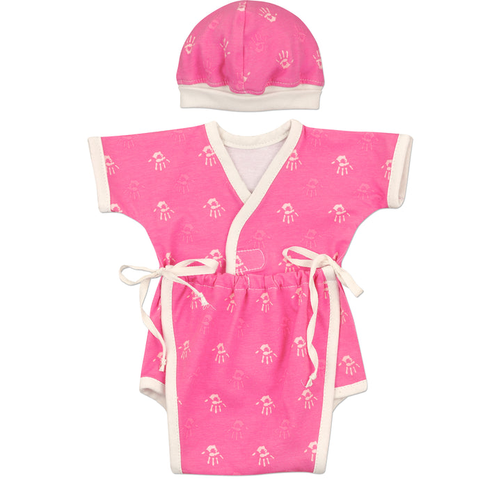 Preemie Girls NICU Friendly Sweet-Tee Bodysuit.Side Ties For Easy Dressing Style, Excellent NICU Access For Any Needs. Pink With Irony Handprints. Includes matching cap