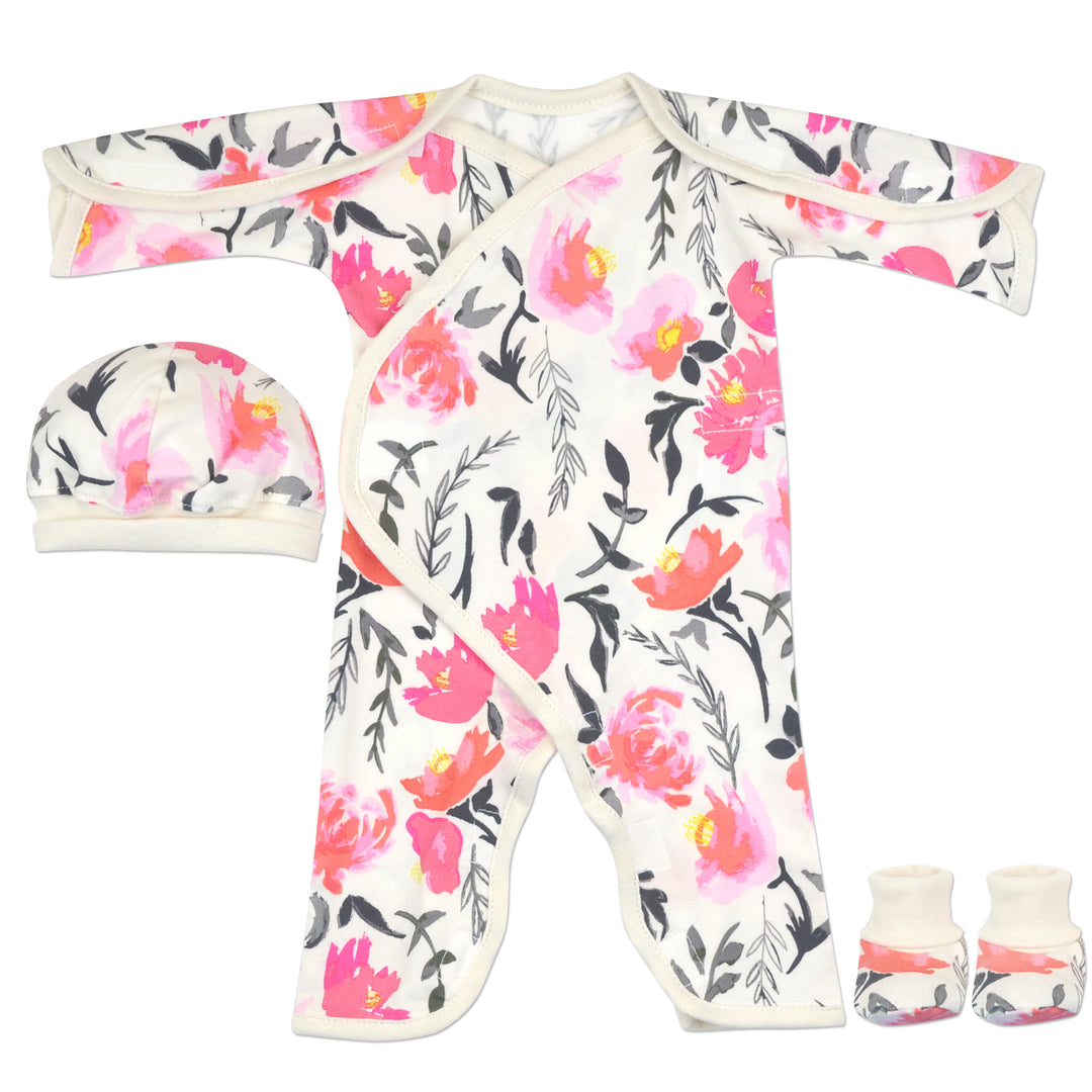 NICU Friendly Girls Preemie Jumpsuit. Adorable Pink and Ivory Floral Pint. Easy Lay Down and Wrap Around Style, with Great Access for All NICU Needs. Velcro closures and matching cap and booties included.  