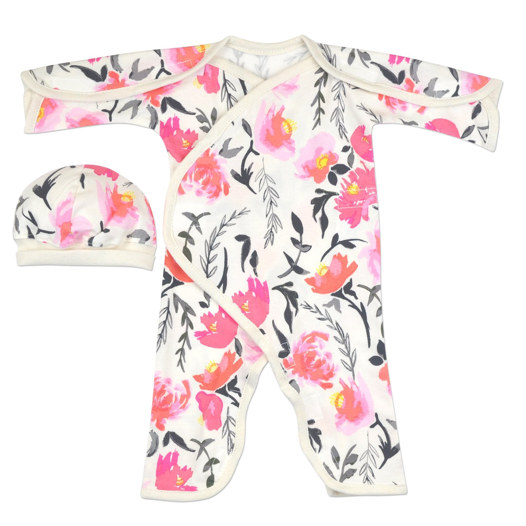 NICU Friendly Girls Preemie Jumpsuit. Adorable Pink and Ivory Floral Pint. Easy Lay Down and Wrap Around Style, with Great Access for All NICU Needs. Velcro closures and matching cap included.  