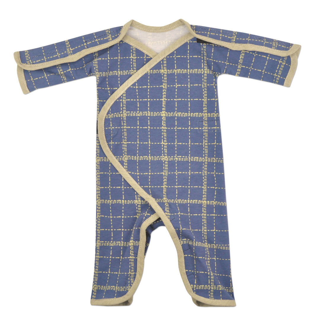 NICU Friendly Boy’s Preemie Jumpsuit. Blue and tan plaid. Easy Lay Down and Wrap Around Style, with Great Access for All NICU Needs With Velcro Closures 