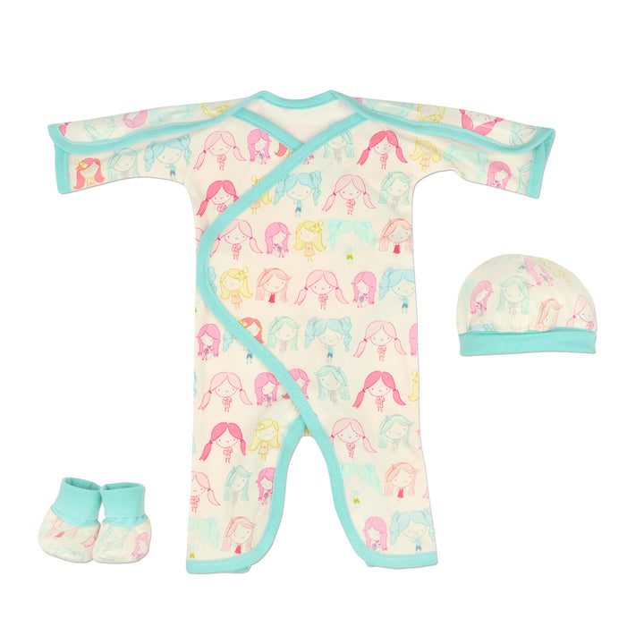 NICU Friendly Girls Preemie Jumpsuit. Easy Lay Down and Wrap Around Style, with Great Access for All NICU Needs. Velcro closures and matching cap and booties included.  Adorable girls best friend printed fabric