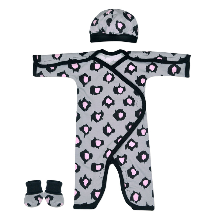 NICU Friendly Girls Preemie Jumpsuit. Adorable black, pink, and gray leopard  Print. Easy Lay Down and Wrap Around Style, with Great Access for All NICU Needs. Velcro closures and matching cap and booties included.