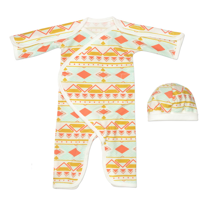 NICU Friendly Preemie Jumpsuit. Easy Lay Down and Wrap Around Style, with Great Access for All NICU Needs. Velcro closures and matching cap included. Adorable blue, orange, and gold Aztec print 