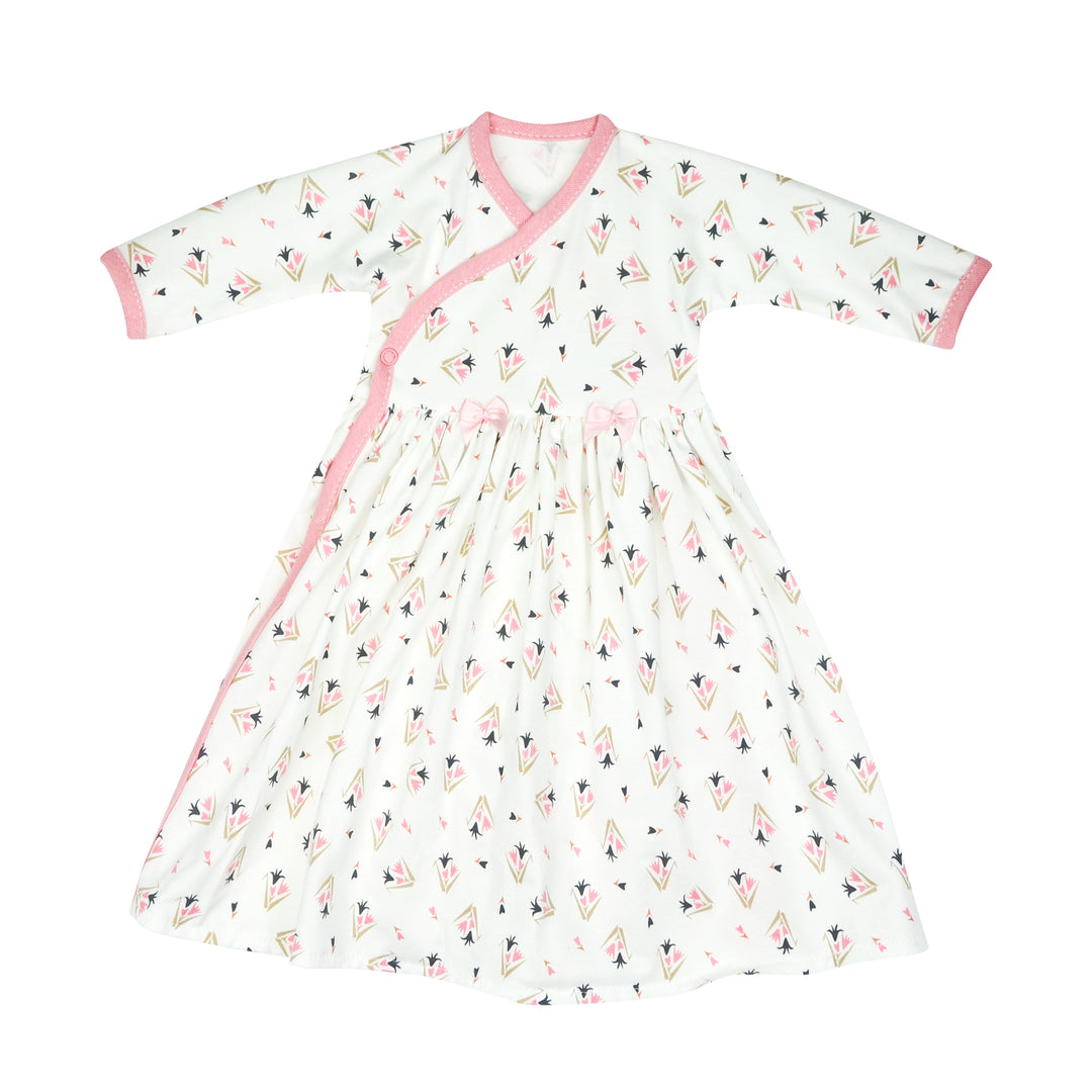 Preemie Girls Side Snap Long Dress. Pink, Gold, and Black Floral. Featuring 2 Pink Bows on Waist Line