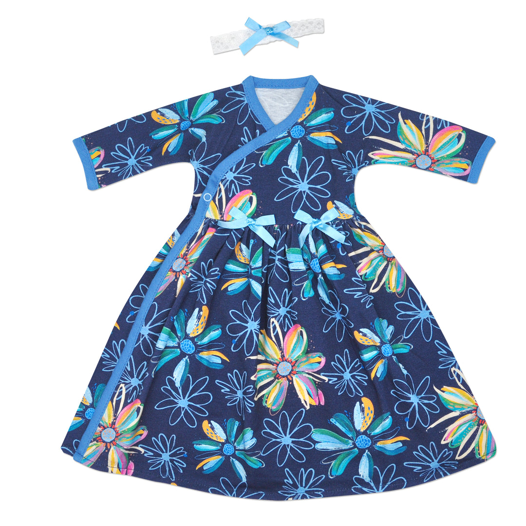 Preemie Girls, Blue Floral Side Snap Dress. Featuring Blue Bows and A Matching Headband 
