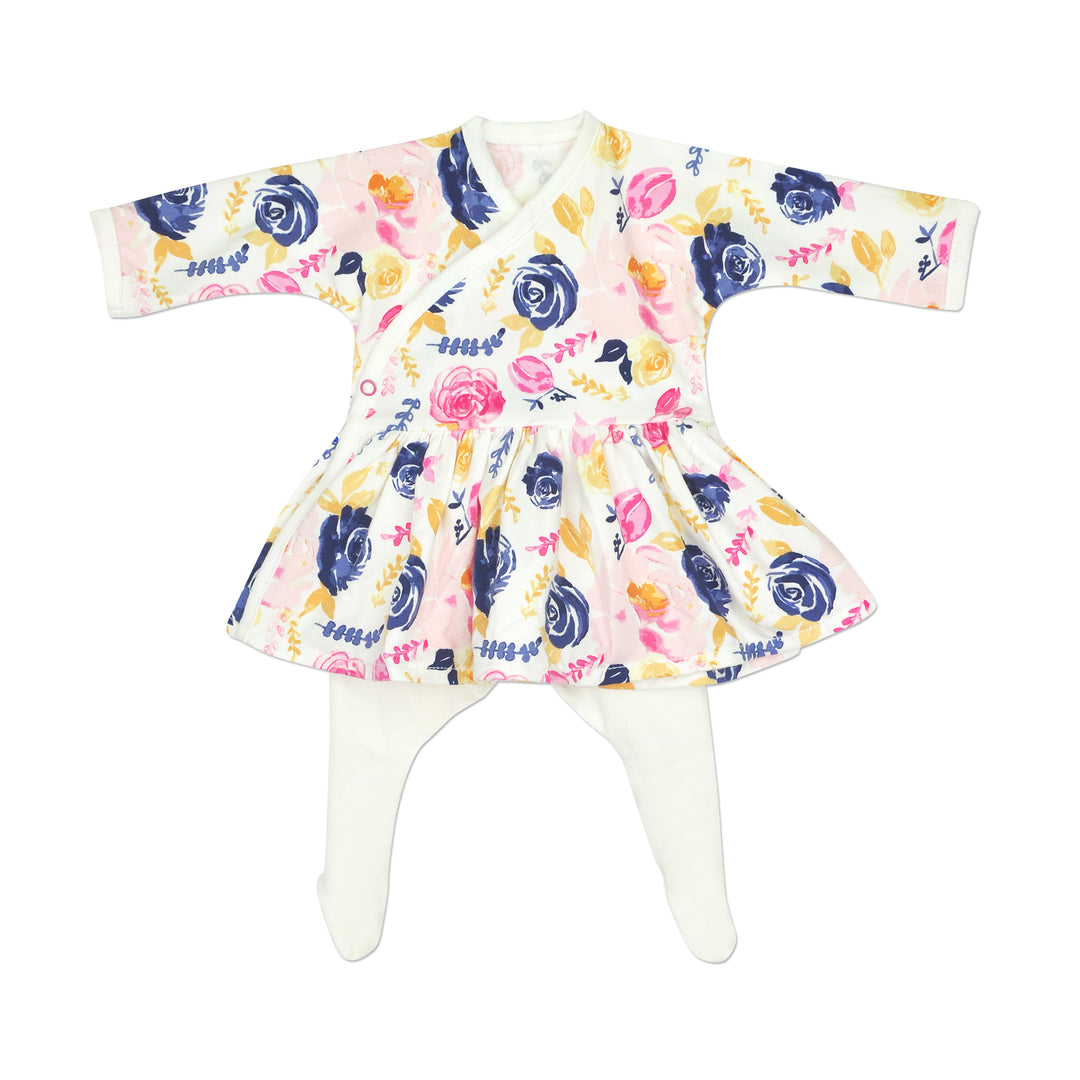 Preemie Girls adorable ivory, navy, and pink rose floral side snap dress. Matching ivory tights included