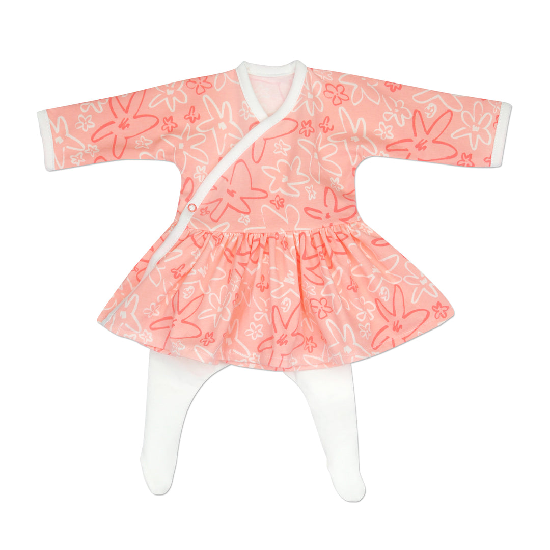 Preemie Girls Coral and Ivory Floral Side Snap Dress. Comes with matching ivory tights